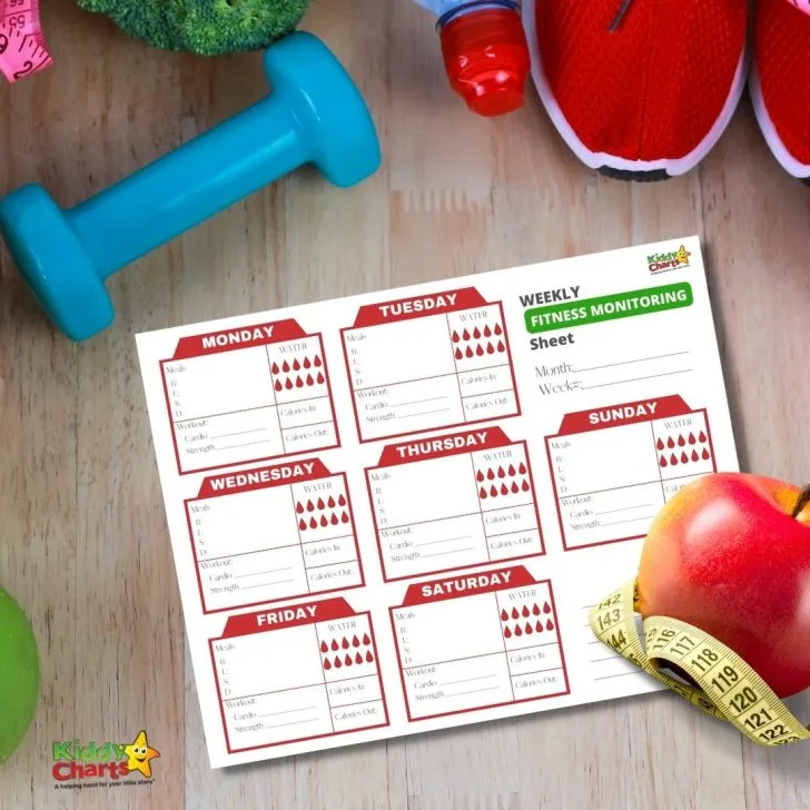 This image is a chart showing a weekly fitness monitoring sheet for tracking workouts and water intake.