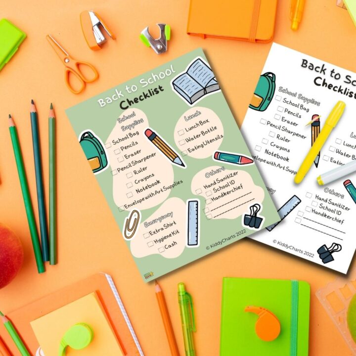 This image is a checklist of items needed for a student to prepare for the school year, such as school supplies, a school bag, lunch, and hygiene items.
