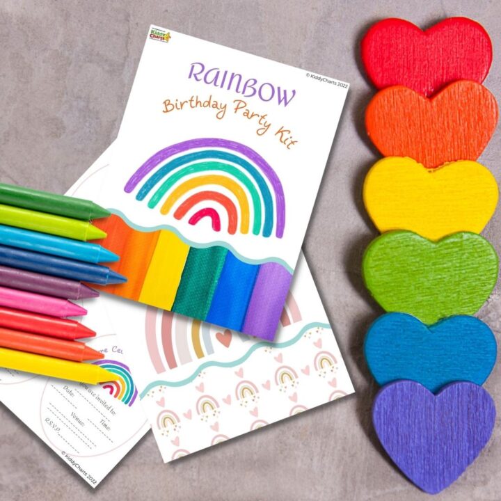 A child is creating a colorful rainbow birthday party invitation with KiddyCharts 2022 Charts.