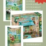 This image is promoting a giveaway of a Wiltopia Young Panda bundle, made with sustainable materials, with a warning about choking hazards.
