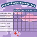This image is a chart showing a weekly bedtime routine with rewards for completing each task.
