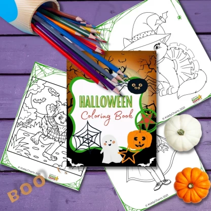A child is actively illustrating a Halloween-themed drawing in a coloring book.