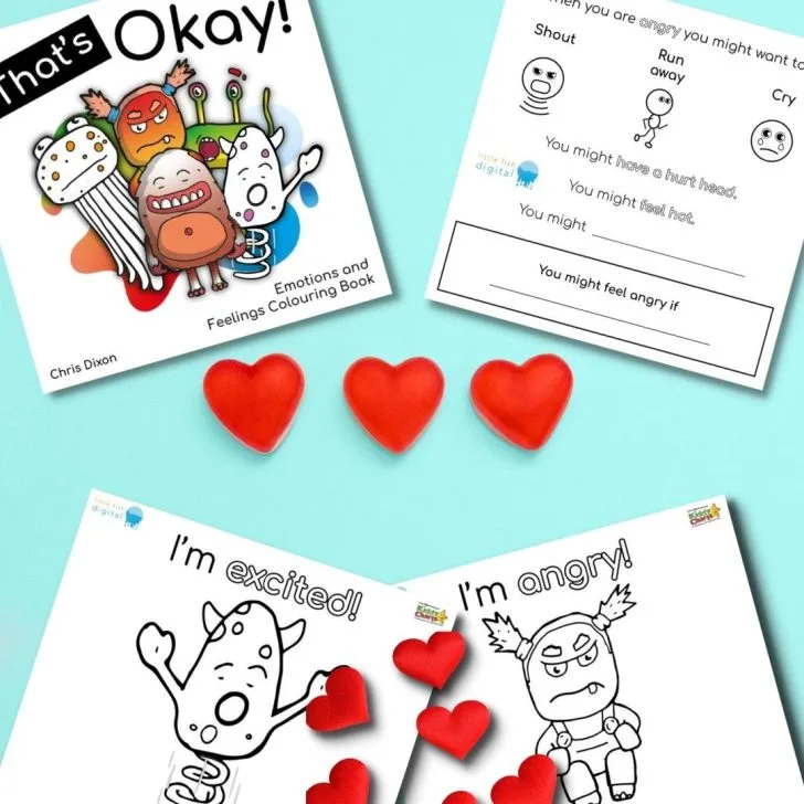 In this image, a coloring book page is being used to help children identify and express their emotions, such as being angry, excited, and hurt.