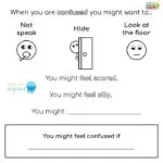 In this image, the chart provides options for how to respond when feeling confused, such as not speaking, hiding, or looking at the floor.