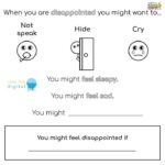 The image is showing different ways to cope with feeling disappointed, such as not speaking, hiding, crying, feeling sleepy, feeling sad, or doing something digital.