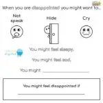 The image is showing different ways to cope with feeling disappointed, such as not speaking, hiding, crying, feeling sleepy, feeling sad, or doing something digital.