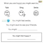 In this image, the text is suggesting different activities that can be done when one is feeling happy, such as talking, singing, smiling, and seeing friends.