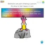 In this image, people are being encouraged to express their emotions by coloring in the creatures to show how they feel.