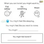 The image is showing different activities that can be done when feeling bored, such as sleeping, doing something, moaning, or playing a digital game.
