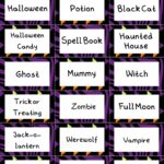 People are playing a Halloween-themed charades game with items such as a black cat, a spell book, a haunted candy house, a ghost, a mummy, a witch, a zombie, a jack-o-lantern, a werewolf, a vampire, a warlock, and spiders.