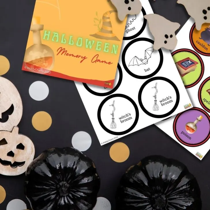 A witch's broom, ghost, cauldron, bat, and poison bottle are displayed in an artistic Halloween-themed memory game.
