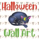 A group of people are decorating a wall with Halloween-themed art and charts.