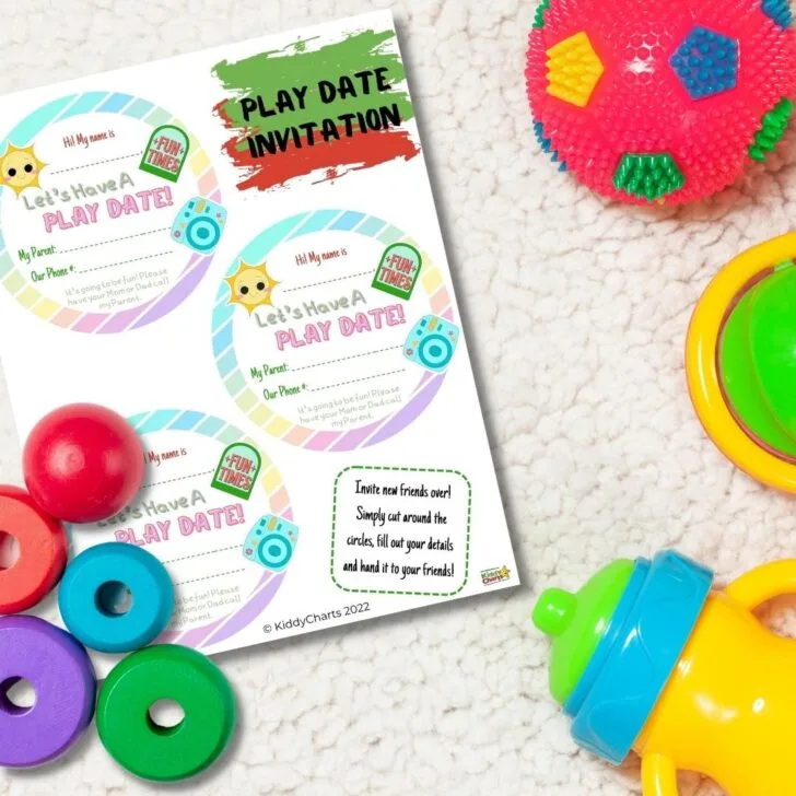 A child is holding a colorful invitation card with text, party supplies, toys, stationary, and a thumbtack, inviting friends to a play date.