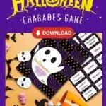 A group of people are playing a Halloween-themed charades game, with characters such as a witch, zombie, and werewolf.