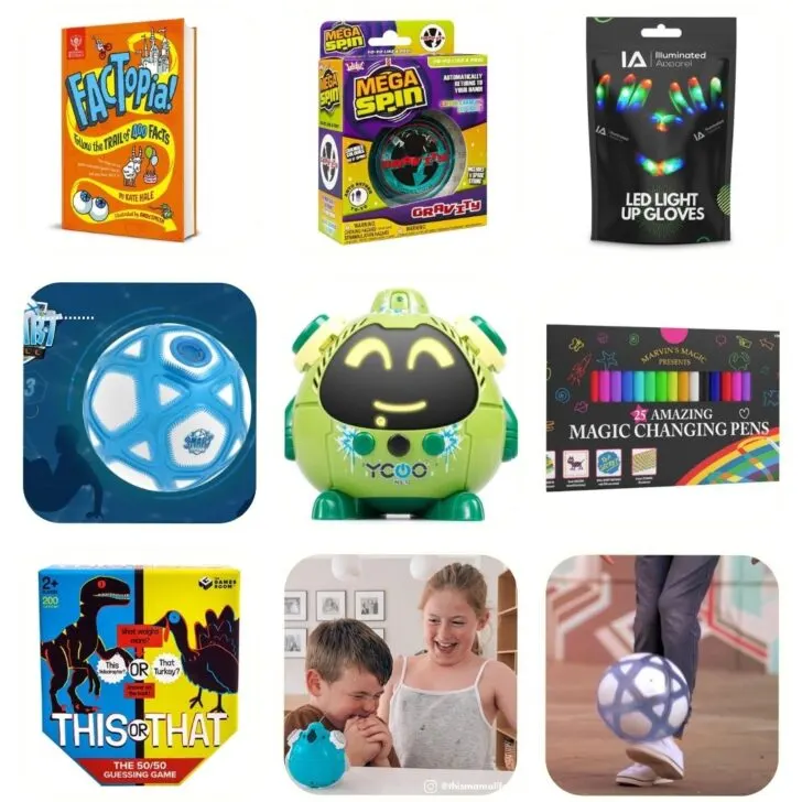 This image is showing a variety of products and activities, such as apparel, spin salons, LED light up gloves, magic pens, and a guessing game.