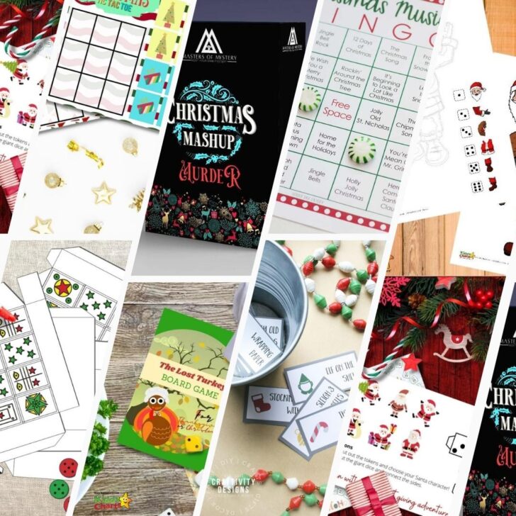 People are playing a board game involving tokens and dice to create a Christmas-themed adventure.