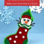 In this image, a craft activity is being promoted to make a snowman out of a sock for Christmas.
