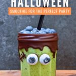 A cartoon birthday cake topped with colorful fruits and surrounded by text promoting a Halloween smoothie to create the perfect party.