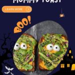 A mummy-shaped piece of toast is being promoted as a fun Halloween food idea with a link to a website for more information.