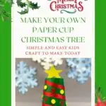 In this image, a simple and easy Christmas craft for kids to make is being demonstrated, which is creating a Christmas tree out of paper cups.