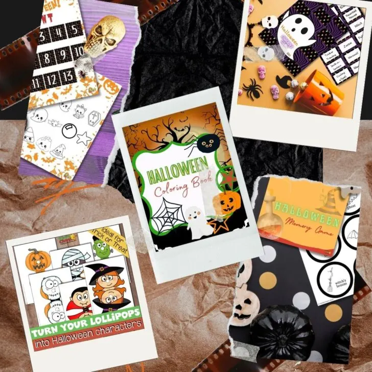 People are playing Halloween-themed games such as charades, trick-or-treating, coloring, memory, and turning lollipops into Halloween characters.