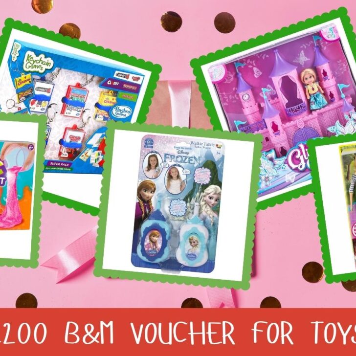 A cartoon bm character holds a walkie talkie and a science ultimate slime frozen jupee pack kit while a cuppy deally walk and potty pup Barbie and a £200 B&M voucher for toys surround them.