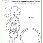 In this image, a person is encouraged to color a picture and draw their favorite Christmas biscuits in a dish for a Christmas Day baking activity.