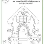 The image is showing a coloring activity of a gingerbread house scene for children to complete.