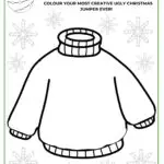 A group of children are designing and coloring their own creative ugly Christmas jumpers for a Christmas fun activity.