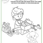 The child in the image is wrapping a present for their puppy, Fluffy, and is being asked to draw and color what may be in the present in the space below.