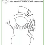 The image shows a snowman that needs to be completed, coloured, and decorated with buttons, glitter, and paper scraps.