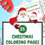 The image is of a Christmas Activity Book with 25 coloring pages, which can be downloaded for free from the website www.kiddycharts.com.