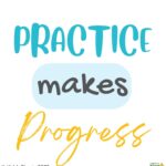 The image shows a child practicing writing the year 2022, with the phrase "Practice Makes Progress" encouraging them.