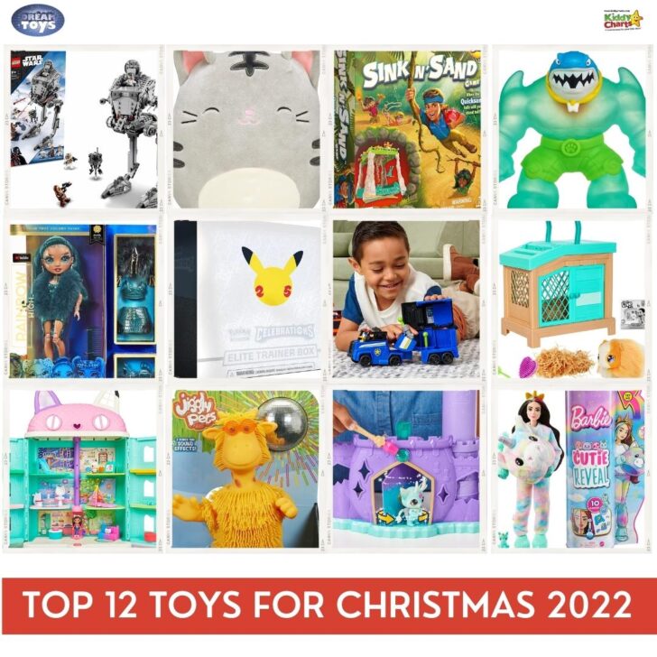 This image is showcasing a selection of toys for Christmas 2022, including Kiddy Charts, Sink N'Sand, Canve Store, Canee Store, Canve Stories, Canve Stomie, Nols Vanvs Elite Trainer Box, Bark Effects, Cutie Reveal, and Canve Btoriets.