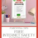 This image is a chart outlining internet safety rules for children and their parents, with accompanying parenting tips.