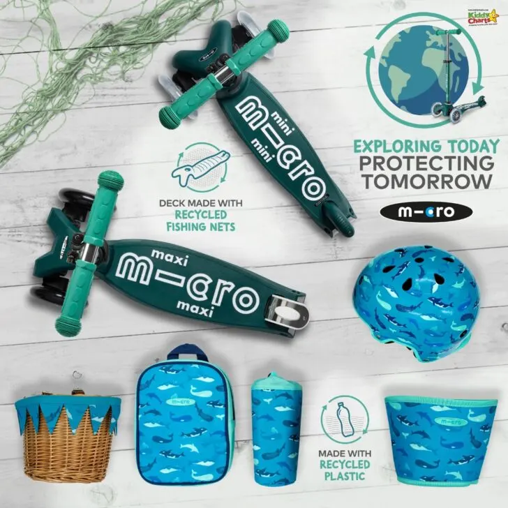 This image is promoting a product made from recycled materials, such as fishing nets and plastic, to help protect the environment.