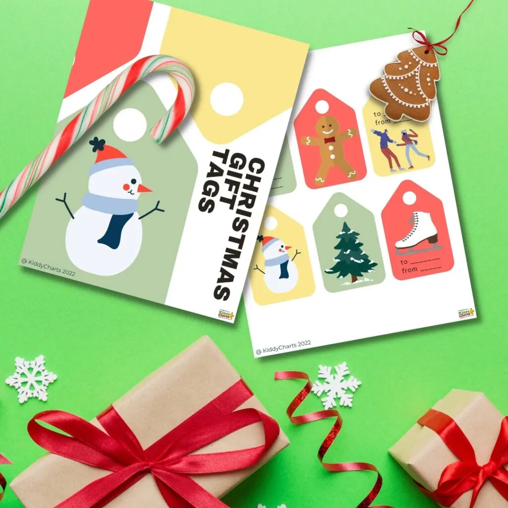 Christmas tags on green background with presents, candy stick and gingerbread Christmas Tree