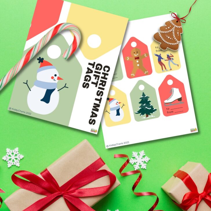 Christmas tags on green background with presents, candy stick and gingerbread Christmas Tree