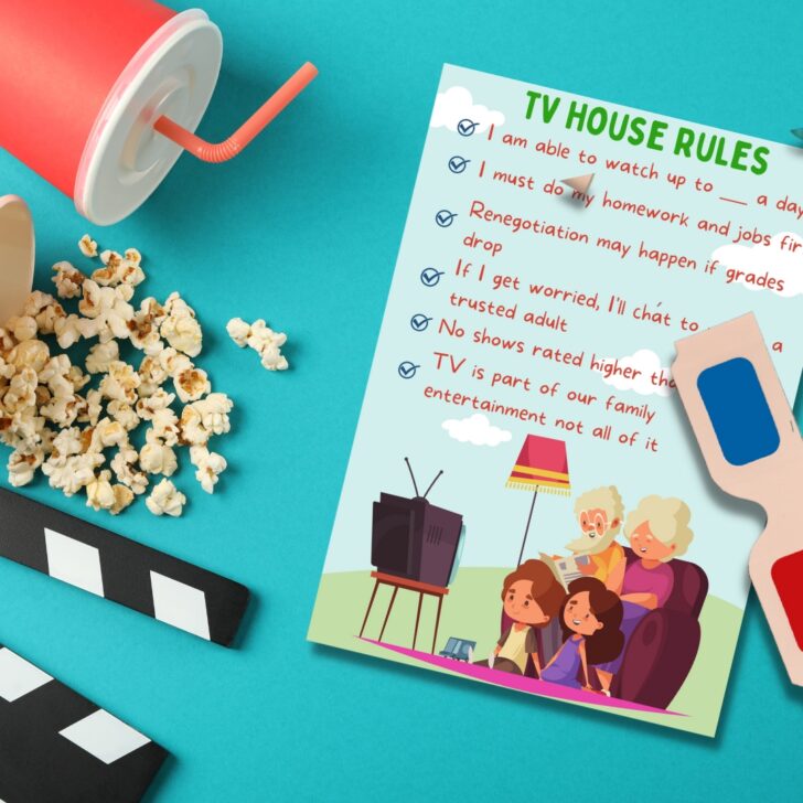 In this image, a family is establishing rules for watching television, including limits on the amount of time allowed and requirements for completing homework and chores.