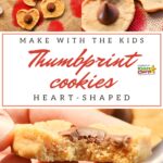 Children are baking heart-shaped Thumbprint Kiddy Charts cookies, a sweet snack and finger food, in an indoor kitchen.