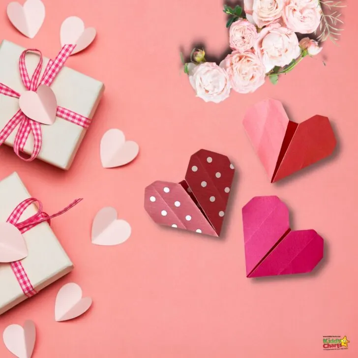 A pink heart-shaped craft is adorned with a ribbon and placed atop a greeting card, creating the perfect Valentine's Day wedding favor.