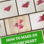 The image shows a step-by-step guide on how to fold a paper into an origami heart.