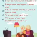 This image is showing the rules for watching television in the household, which includes limits on the amount of time that can be watched, prioritizing homework and chores, and discussing any worries with a trusted adult.