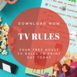 In this image, a family is discussing the rules for watching television in their house and downloading a free printable version of the rules.
