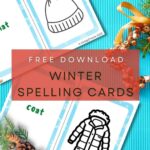The image shows a winter-themed spelling card game available for free download from KiddyCharts.com.