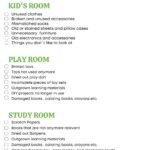 The image is showing how to declutter different rooms in a home, such as a kid's room, play room, and study room, by getting rid of unused clothes, broken and unused accessories, old electronics and accessories, broken toys, dried out play doh, and damaged books.