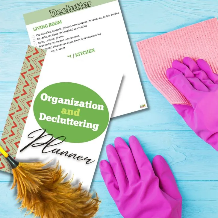 In this image, the person is organizing and decluttering their living room and kitchen by getting rid of old candles, carpets, pillows, newspapers, magazines, cable guides, old bills, receipts, expired warranties, dying and rotten plants, broken furniture and accessories, dated electronics equipment and accessories, and extra decor.