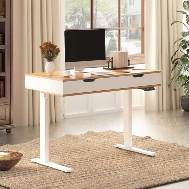 A modern home office features a writing desk, computer, end table, and houseplant, all arranged to create a stylish interior design.