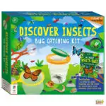 This image is promoting a bug-catching kit that includes a collapsible bug holder, magnifying glass, bug catcher net, tweezers, and a 48-page educational sticker activity book.