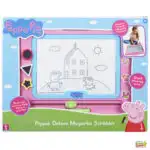 This image is showing a Peppa Pig Deluxe Magnetic Scribbler, which includes a magnetic stylus and 3 magnetic stampers, as well as a giant drawing area that can be used to draw and erase as many times as desired.